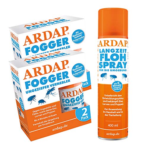 ARDAP Set 1 x 400 ml Flohspray + 4 x 100 ml Fogger gegen Flöhe + Zeckenzange von ARDAP