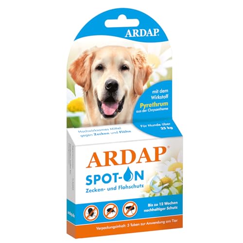 ARDAP Spot On für Hunde über 25kg - Natürlicher Wirkstoff - Zeckenmittel für Hunde, Zeckenschutz Hund, Flohmittel Hund - 3 Tuben je 4ml - Bis zu 12 Wochen nachhaltiger Langzeitschutz von ARDAP