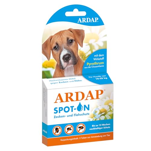ARDAP Spot On für Hunde von 10 bis 25kg - Natürlicher Wirkstoff - Zeckenmittel für Hunde, Zeckenschutz Hund, Flohmittel Hund - 3 Tuben je 2,5ml - Bis zu 12 Wochen nachhaltiger Langzeitschutz von ARDAP