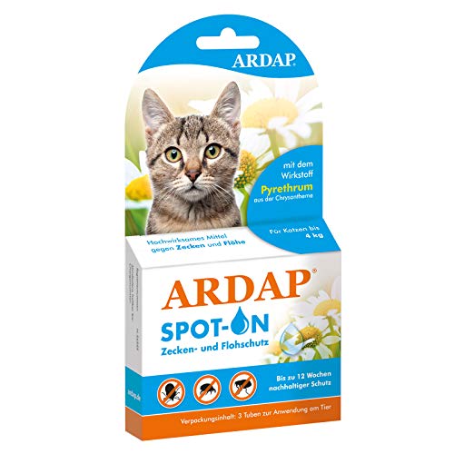 ARDAP Spot On für Katzen bis 4kg - Natürlicher Wirkstoff - Zeckenmittel für Katzen, Flohmittel Katzen, Zeckenschutz Katze - 3 Tuben je 0,4ml - Bis zu 12 Wochen nachhaltiger Langzeitschutz von ARDAP