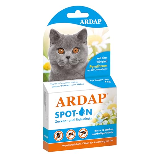 ARDAP Spot On für Katzen über 4kg - Natürlicher Wirkstoff - Zeckenmittel für Katzen, Flohmittel Katzen, Zeckenschutz Katze - 3 Tuben je 0,8ml - Bis zu 12 Wochen nachhaltiger Langzeitschutz von ARDAP