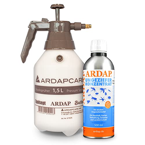 ARDAP Ungeziefer Konzentrat 500 ml inklusive Drucksprüher 1,5 Liter - Zur Herstellung von bis zu 50 Liter Ungezieferspray im Pumpsprüher gegen Fliegen, Bettwanzen, Milben, Motten, Mücken, Wespen von ARDAP