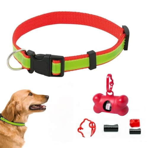 ARESFUSION Spender Hundekotbeutel, reflektierendes Nylon, Hundehalsband, Hundetaschen mit 1 Rolle Taschen, Set 2 Stück, verstellbares Halsband für Hunde, leuchtendes Hundehalsband (35-50 cm) von ARESFUSION