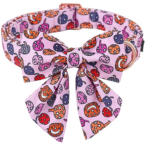 ARING PET Halloween Hundehalsband, süßes rosa Kürbis Hundehalsband mit Matrosenfliege, Baumwolle Halloween Kürbis Lampe Hundehalsband mit Metallschnalle von ARING PET