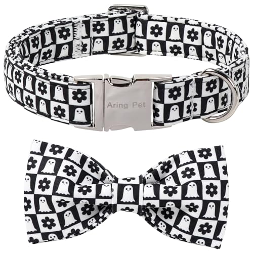 ARING PET Halloween-Hundehalsband mit Schleife, schwarz-weiß, kariert, Geisterblumen, niedliches Haustierhalsband mit Schnellverschluss-Schnalle für Welpen, kleine, mittelgroße und große Mädchen ARING PET Halloween-Hundehalsband mit Schleife, schwarz-weiß, kariert, Geisterblumen, niedliches Haustierhalsband mit Schnellverschluss-Schnalle für Welpen, kleine, mittelgroße und große Mädchen von ARING PET