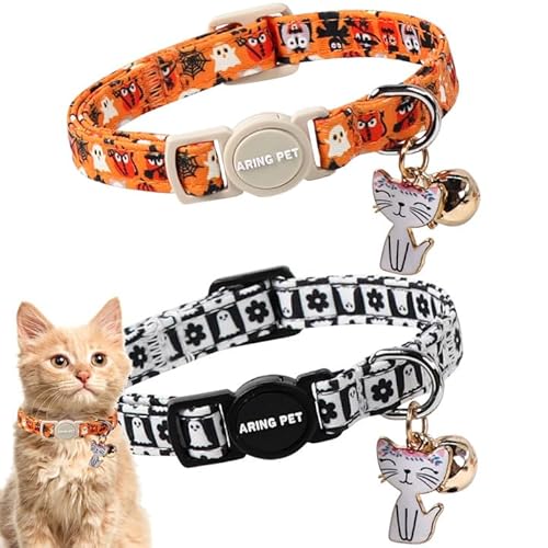 ARING PET Halloween-Katzenhalsband, Breakaway, Orange, Schwarz, Weiß, Baumwolle, Kätzchen-Halsband mit Glöckchen, für Mädchen, Jungen, Katzen, Geist, Spinnennetz, 2 Stück ARING PET Halloween-Katzenhalsband, Breakaway, Orange, Schwarz, Weiß, Baumwolle, Kätzchen-Halsband mit Glöckchen, für Mädchen, Jungen, Katzen, Geist, Spinnennetz, 2 Stück von ARING PET