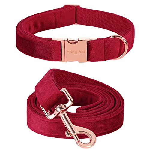 ARING PET Hundehalsband und Leine aus Samt, Niedliches Rotes Hundehalsband und Leine, Verstellbares Halsband aus Weichem Samt mit Metallschnalle für Kleine Mittelgroße Große Hunde von ARING PET