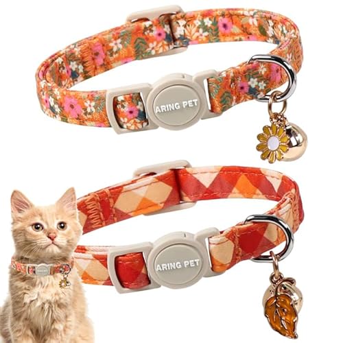 ARING PET Katzenhalsbänder, Breakaway-Baumwolle, für Halloween, Kätzchen, mit Glöckchen, für Mädchen, Jungen, Katzen, Blumenmuster und orangefarbenes Karomuster, 2 Stück ARING PET Katzenhalsbänder, Breakaway-Baumwolle, für Halloween, Kätzchen, mit Glöckchen, für Mädchen, Jungen, Katzen, Blumenmuster und orangefarbenes Karomuster, 2 Stück von ARING PET