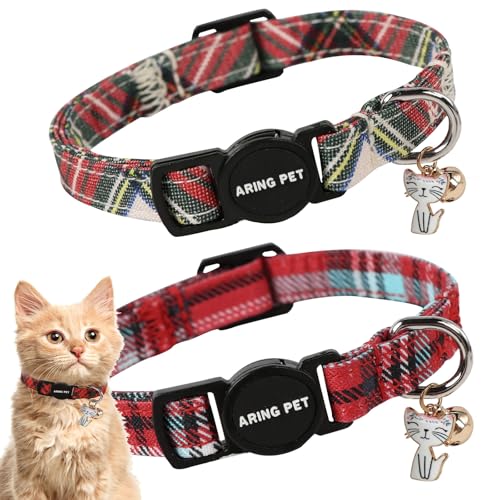 ARING PET Katzenhalsbänder mit Weihnachtsmotiv, niedliches Katzenhalsband mit Glöckchen und Anhänger, Baumwolle, kariert, mit Sicherheitsschnalle, für Mädchen und Jungen, 2 Stück ARING PET Katzenhalsbänder mit Weihnachtsmotiv, niedliches Katzenhalsband mit Glöckchen und Anhänger, Baumwolle, kariert, mit Sicherheitsschnalle, für Mädchen und Jungen, 2 Stück von ARING PET