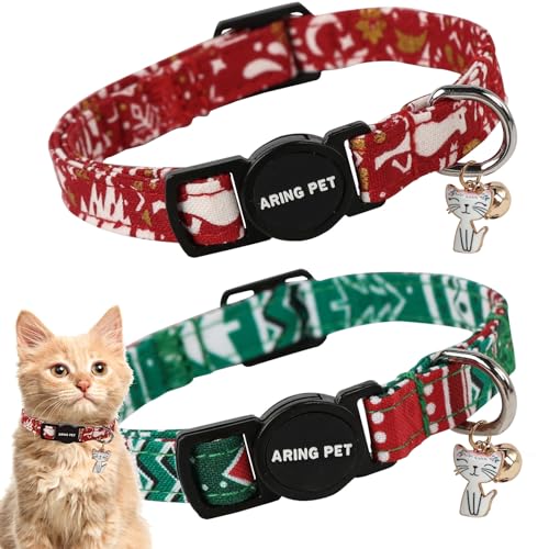 ARING PET Katzenhalsbänder mit Weihnachtsmotiv, niedliches Katzenhalsband mit Glöckchen und Anhänger, verstellbar, rot, grün, mit Sicherheitsschnalle, für Mädchen und Jungen, 2 Stück ARING PET Katzenhalsbänder mit Weihnachtsmotiv, niedliches Katzenhalsband mit Glöckchen und Anhänger, verstellbar, rot, grün, mit Sicherheitsschnalle, für Mädchen und Jungen, 2 Stück von ARING PET