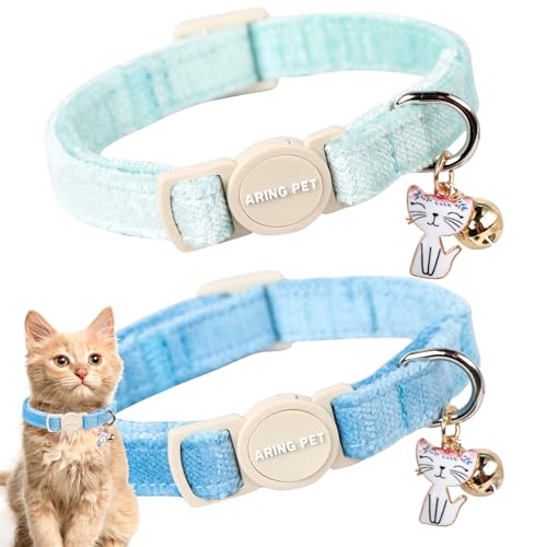 ARING PET Katzenhalsband, Baumwolle, mit Glöckchen und Anhänger, verstellbar, blau, grün, mit Sicherheitsschnalle, für Mädchen und Jungen, 2 Stück von ARING PET