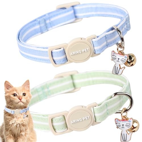 ARING PET Katzenhalsband, Baumwolle, mit Glöckchen und Anhänger, verstellbar, blau und grün gestreift, mit Sicherheitsschnalle, für Mädchen und Jungen, 2 Stück ARING PET Katzenhalsband, Baumwolle, mit Glöckchen und Anhänger, verstellbar, blau und grün gestreift, mit Sicherheitsschnalle, für Mädchen und Jungen, 2 Stück von ARING PET