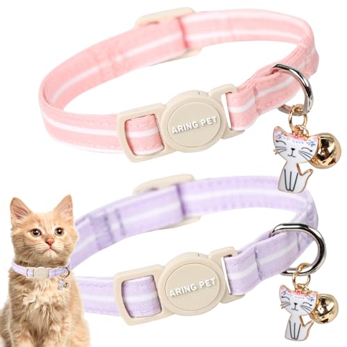 ARING PET Katzenhalsband, Baumwolle, mit Glöckchen und Anhänger, verstellbar, rosa, Lavendel, gestreift, mit Sicherheitsschnalle, für Mädchen und Jungen, 2 Stück ARING PET Katzenhalsband, Baumwolle, mit Glöckchen und Anhänger, verstellbar, rosa, Lavendel, gestreift, mit Sicherheitsschnalle, für Mädchen und Jungen, 2 Stück von ARING PET