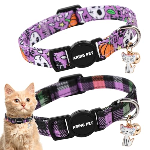 ARING PET Katzenhalsband, niedliches Katzenhalsband mit Glöckchen und Anhänger, verstellbar, lila, Halloween-Kätzchen-Halsbänder mit Sicherheitsschnalle, für Mädchen und Jungen, 2 Stück von ARING PET