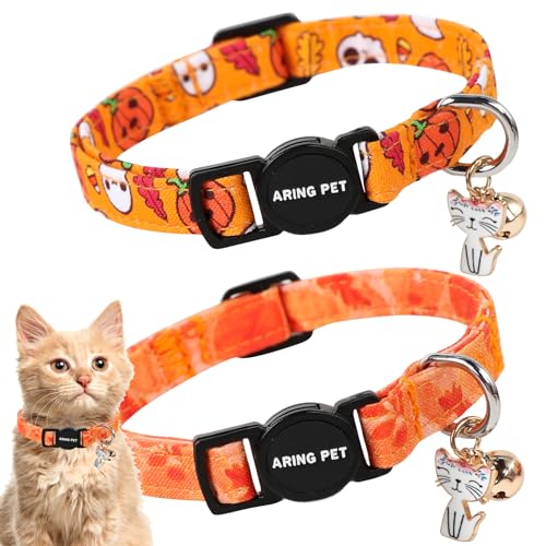 ARING PET Katzenhalsband, niedliches Katzenhalsband mit Glöckchen und Anhänger, verstellbare Herbst- und Halloween-Kätzchen-Halsbänder mit Sicherheitsschnalle, für Mädchen und Jungen, 2 Stück von ARING PET