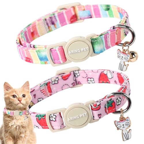 ARING PET Katzenhalsband, niedliches Katzenhalsband mit Glöckchen und Anhänger, verstellbares Erdbeer- und Eiscreme-Muster, Kätzchen-Halsbänder mit Sicherheitsschnalle, für Mädchen und Jungen, 2 Stück von ARING PET