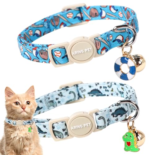 ARING PET Katzenhalsband mit Glöckchen und Anhänger, verstellbare Dinosaurier- und Baseball-Kätzchen-Halsbänder mit Sicherheitsschnalle, für Mädchen und Jungen, 2 Stück von ARING PET