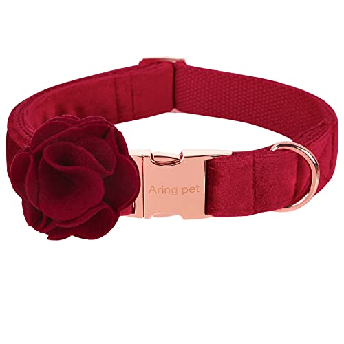 ARING PET Samt-Hundehalsband, Bezauberndes Weihnachts-Hundehalsband mit Filzblume, Bequeme rote Mädchen-Hundehalsbänder mit Metallschnalle für kleine, mittelgroße und große Hunde von ARING PET
