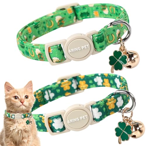 ARING PET St. Patrick's Day Katzenhalsband, niedliches grünes Kleeblatt, Katzenhalsband mit Glöckchen und Anhänger, verstellbar, Lucky Trefoil Kätzchen-Halsbänder mit Sicherheitsschnalle, 2 Stück von ARING PET