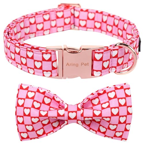 ARING PET Valentinstag-Hundehalsband, niedliches rosa Herz-Hundehalsband mit Fliege, verstellbares Baumwoll-Valentin-Hundehalsband Welpenhalsbänder mit Metallschnalle von ARING PET