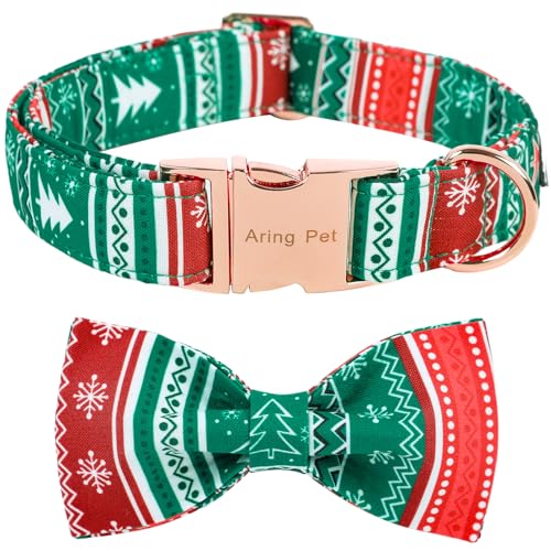 ARING PET Weihnachten Hundehalsband, süßes Baumwoll-Hundehalsband mit Schleife, verstellbar, rot, grün, Weihnachts-Hundehalsbänder, Welpenhalsbänder mit Metallschnalle von ARING PET