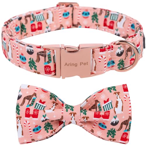 ARING PET Weihnachts-Hundehalsband, niedliches Baumwoll-Hundehalsband mit Schleife, verstellbar, rosa, Weihnachts-Haustierhalsbänder, Welpenhalsbänder mit Metallschnalle von ARING PET
