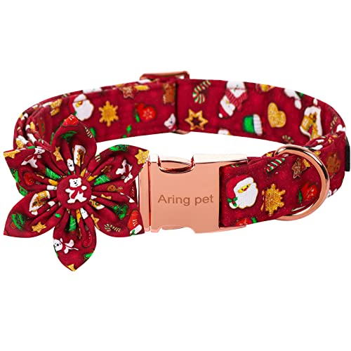 ARING PET Weihnachts-Hundehalsband, niedliches Weihnachtsmann-Hundehalsband mit Blume, Baumwolle, rot, Weihnachts-Hundehalsbänder mit Metallschnalle von ARING PET