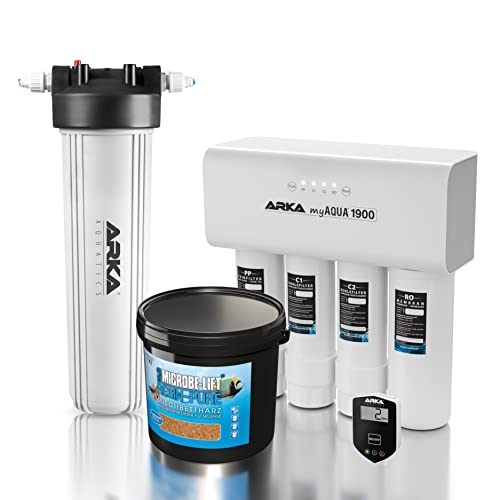 ARKA myAQUA® 1900 Starterset - Umkehrosmoseanlage für 1900L/Tag inkl. Inline TDS-Messgerät & Multifilter/Resinfilter, Füllvolumen 4000ml inkl. Resin-Pure - Mischbettharz von ARKA