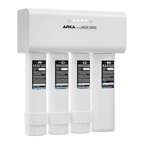 Umkehrosmoseanlage 3800 l/Tag – ARKA myAQUA 3800 – entfernt 99 % Schadstoffe, Salze & Bakterien – Wasserfilter & Enthärtungsanlage – smartes Komplettset für Haushalt & Aquarium – LED-Wechselanzeige von ARKA