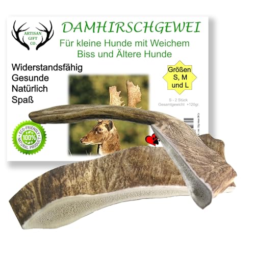 ARTISAN GIFT CO Damhirschgeweih Kauknochen für Welpen und Kleine Hunde - Erhältlich in den Größen (S, M und L) (S - 2 Stück - Mindestgewicht 120gr+) von ARTISAN GIFT CO