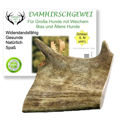 ARTISAN GIFT CO Damhirschgeweih Kauknochen für Welpen und Große Hunde - Mindestgewicht 150 Gramm (L, L - 1 st) von ARTISAN GIFT CO