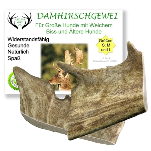 ARTISAN GIFT CO Damhirschgeweih Kauknochen für Welpen und Große Hunde - Gesamtnettogewicht 300gr+ (1 stück (2er Pack), L - 2 st) von ARTISAN GIFT CO