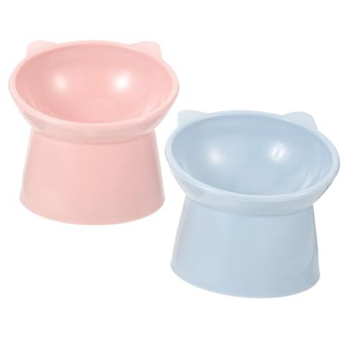 ARTSEWPLY 2 Stück Erhöhte Katzennäpfe mit Breiter Basis Schrägem Design für Nacken und Schnurrhaarschonung rutschfest Robustes Kunststoff Futternapf in Rosa und Blau für Katzen und Kleine von ARTSEWPLY
