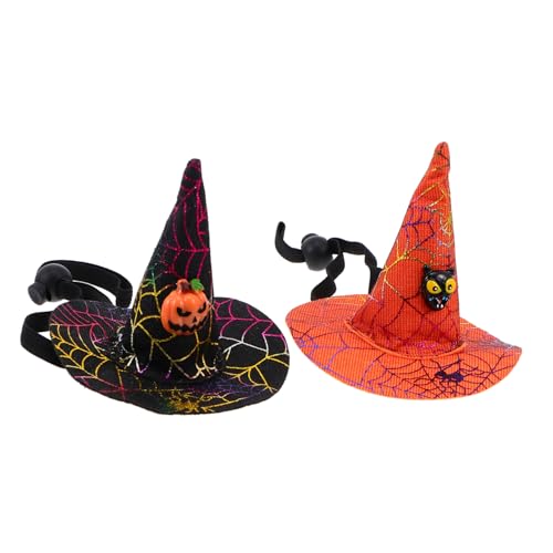 ARTSEWPLY 2 Stück Halloween Pet Hexenhut Kopfschmuck Elastisches Hund Katzen Kostüm Orange Schwarzes Spinnennetz Design Festlicher Partyhut für Karneval und Fasching von ARTSEWPLY