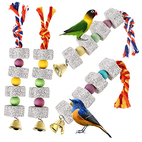 ARTSEWPLY 4 Stück Teiliges Papageien Kauspielzeug mit Glocken Beak Grinding Stones für Wellensittiche Conures Nymphensittiche und Hamster Bunte Perlen Baumwollschnur Aufhängen im Käfig von ARTSEWPLY
