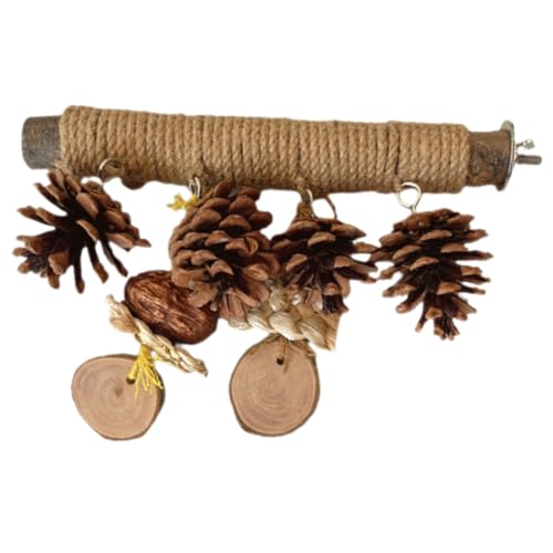 ARTSEWPLY Holz Sitzstange für Wellensittiche und Papageien Langlebiger Kauspielplatz aus Hanfseil und Kiefernzapfen Interaktives Vogelspielzeug Stabile Vogelstange Geeignet für Kleine Vögel von ARTSEWPLY