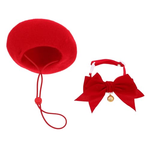 ARTSEWPLY Hundehalsband mit Schleife und Glocke Verstellbares Katzenbandana Rotes Beret-Hut-Set für Kleine Hunde und Katzen Weiche Gemütliche Haustier-Accessoires für Outdoor und Festliche von ARTSEWPLY