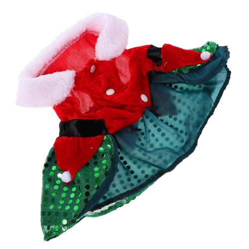ARTSEWPLY Weihnachtliches Haustierkleid Grüner Netzstoff Weihnachtsbaum Pailletten Rot Zweilagiger Rock Festliches Hundekostüm Glitzerndes Xmas Outfit für Katzen und Kleine Hunde von ARTSEWPLY
