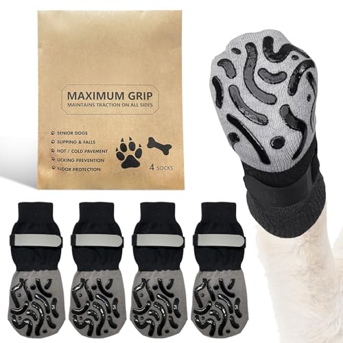 4 Stück Anti-Rutsch-Hundesocken, Hundesocken gegen das Lecken von Hundepfoten mit Noppen, verstellbare Hundeschuhe, Hundepfotenschutz für ältere Hunde auf Hartholzböden im Innenbereich (Schwarz, XL) 4 Stück Anti-Rutsch-Hundesocken, Hundesocken gegen das Lecken von Hundepfoten mit Noppen, verstellbare Hundeschuhe, Hundepfotenschutz für ältere Hunde auf Hartholzböden im Innenbereich (Schwarz, XL) von ARWIG