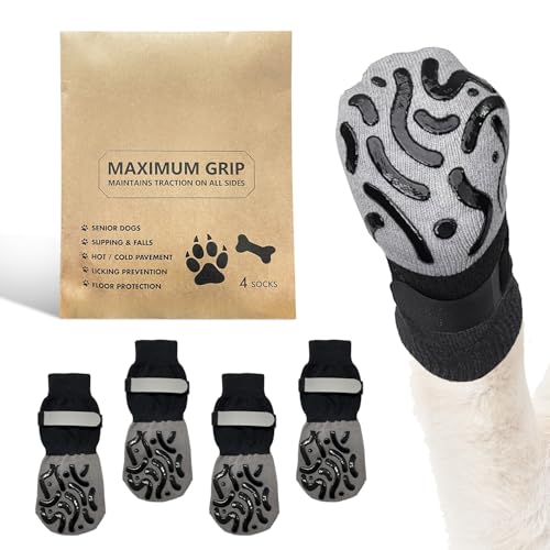 4 Stück Anti-Rutsch-Hundesocken, Hundesocken gegen das Lecken von Hundepfoten mit Noppen, verstellbare Hundeschuhe, Hundepfotenschutz für ältere Hunde auf Hartholzböden im Innenbereich (Schwarz, S) 4 Stück Anti-Rutsch-Hundesocken, Hundesocken gegen das Lecken von Hundepfoten mit Noppen, verstellbare Hundeschuhe, Hundepfotenschutz für ältere Hunde auf Hartholzböden im Innenbereich (Schwarz, S) von ARWIG