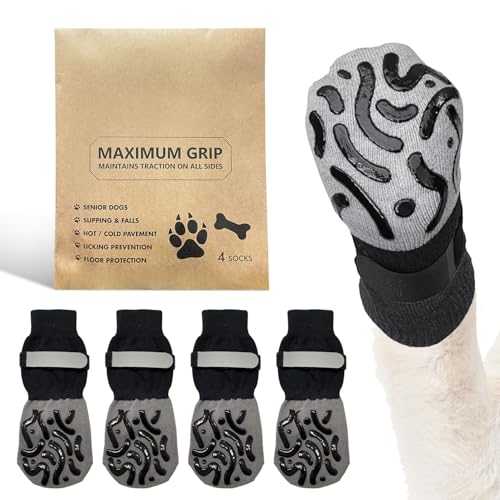 4 Stück Anti-Rutsch-Hundesocken, Hundesocken gegen das Lecken von Hundepfoten mit Noppen, verstellbare Hundeschuhe, Hundepfotenschutz für ältere Hunde auf Hartholzböden im Innenbereich (Schwarz, L) 4 Stück Anti-Rutsch-Hundesocken, Hundesocken gegen das Lecken von Hundepfoten mit Noppen, verstellbare Hundeschuhe, Hundepfotenschutz für ältere Hunde auf Hartholzböden im Innenbereich (Schwarz, L) von ARWIG
