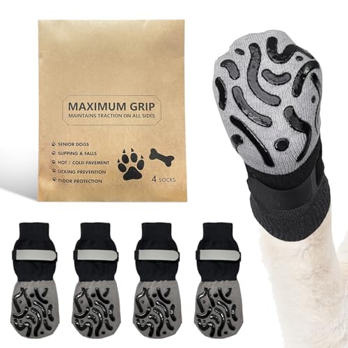 4 Stück Anti-Rutsch-Hundesocken, Hundesocken gegen das Lecken von Hundepfoten mit Noppen, verstellbare Hundeschuhe, Hundepfotenschutz für ältere Hunde auf Hartholzböden im Innenbereich (Schwarz, M) 4 Stück Anti-Rutsch-Hundesocken, Hundesocken gegen das Lecken von Hundepfoten mit Noppen, verstellbare Hundeschuhe, Hundepfotenschutz für ältere Hunde auf Hartholzböden im Innenbereich (Schwarz, M) von ARWIG
