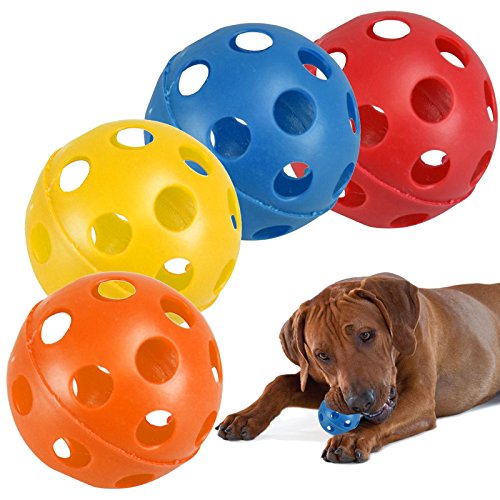 Spielbälle für Haustiere, Hunde, Katzen, Welpen, groß, hohl, aus Kunststoff mit Belüftungslöchern, 4er-Pack in Rot, Gelb, Blau, Orange von ASAB