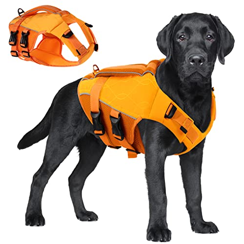 ASENKU Hunde Rettungsweste mit Rettungsgriff, Schwimmweste Hund zum Bootfahren mit Hoher Schwimmfähigkeit, Leichter Ripstop-Sicherheitsweste für Haustiere mit Reflektierenden Streifen Orange L von ASENKU