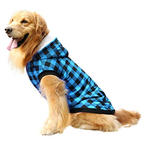 ASENKU Hunde-Wintermantel, Fleece, dick, mit britischem Karomuster, warmes Outfit mit abnehmbarer Mütze, winddichte Weste für kleine, mittelgroße und große Hunde, Blau, XXXXXL von ASENKU