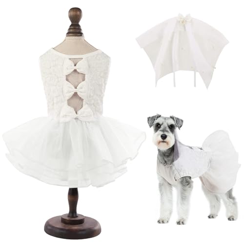 ASENKU Hundekleid, Hochzeitskleid, Haustier-Spitzen-Prinzessinnenkleid mit Schleifen für Hochzeit, Geburtstag, Party, Welpen, formelle weiße Kleidung mit Perlenkette für kleine Hunde von ASENKU