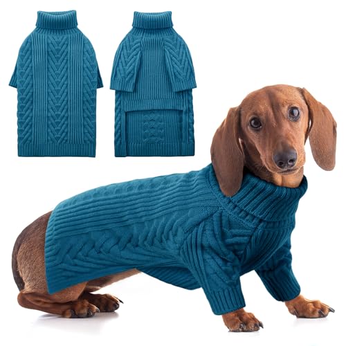 ASENKU Hundepullover, Hundepullover für mittelgroße Hunde, warmer Pullover, Strick, Rollkragen, warme Kleidung für Französische Bulldogge, Boston Terrier, Blaugrün, Größe L von ASENKU