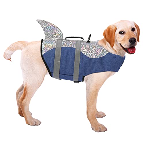 ASENKU Hundeschwimmweste Haustier Schwimmweste Sicherheitsweste zum Schwimmen Bootfahren, Hund Shark Schwimmwesten Hund Lebensretter Badeanzüge für Pool, mittelgroße und große Hunde (Laser Denim, S) von ASENKU