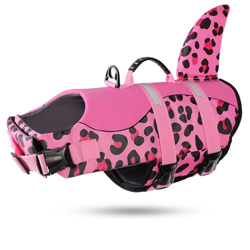 ASENKU Hundeschwimmweste – Haustier-Sicherheitsweste zum Schwimmen und Bootfahren, Hai-Schwimmweste mit Floatation, Hund Lifesavers Badeanzüge für kleine, mittelgroße und große Hunde (rosa Leopard, S) von ASENKU