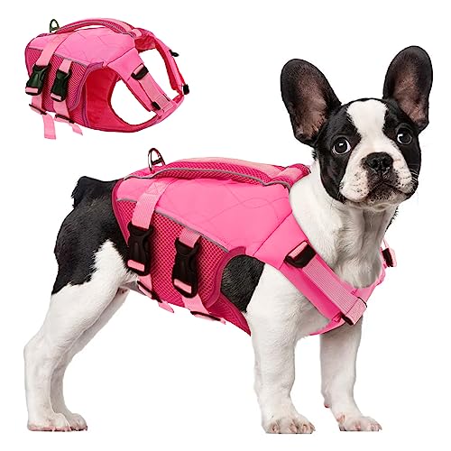 ASENKU Hunde Rettungsweste mit Rettungsgriff, Schwimmweste Hund zum Bootfahren mit Hoher Schwimmfähigkeit, Leichter Ripstop-Sicherheitsweste für Haustiere mit Reflektierenden Streifen Rosa M von ASENKU